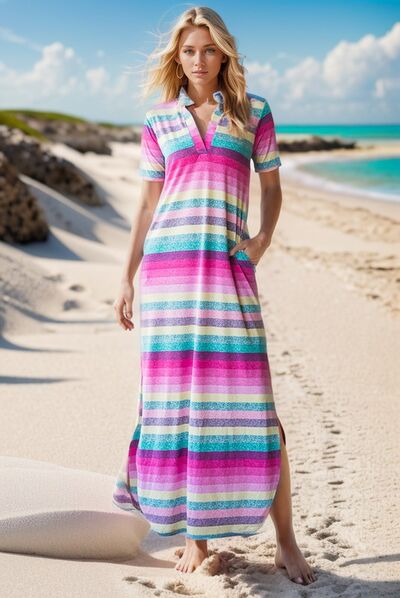 Heimish Pink Multi Color Striped Short Sleeve Maxi Dress