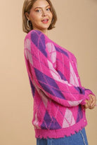 Umgee Hot Pink Argyle Pattern V-Neck Button Front Cardigan