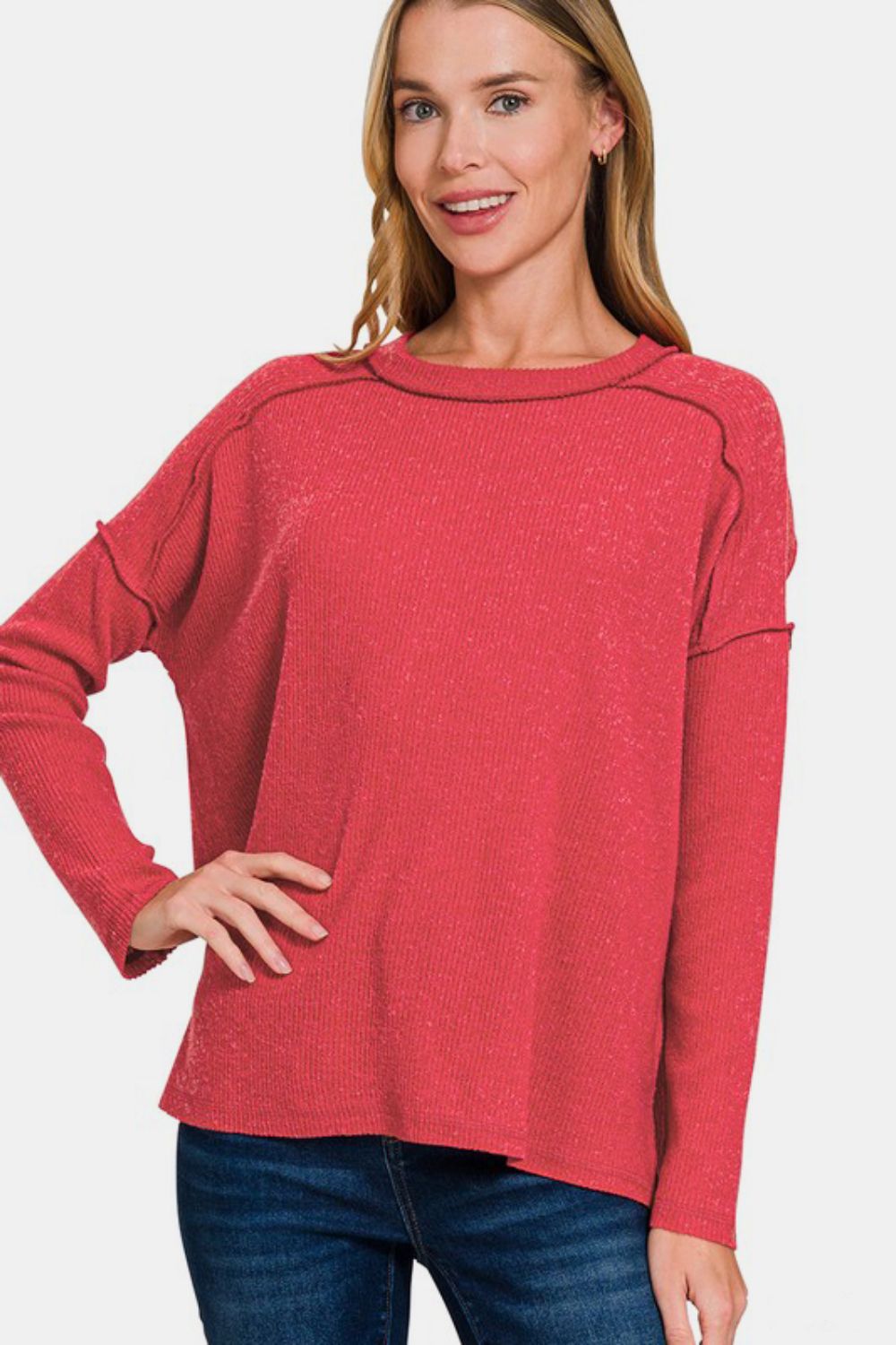 Zenana Red Exposed Seam Brushed Round Neck Sweater Red