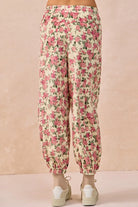 BiBi Cream & Pink Floral Printed Twill Drawstring Pants With Elastic Band