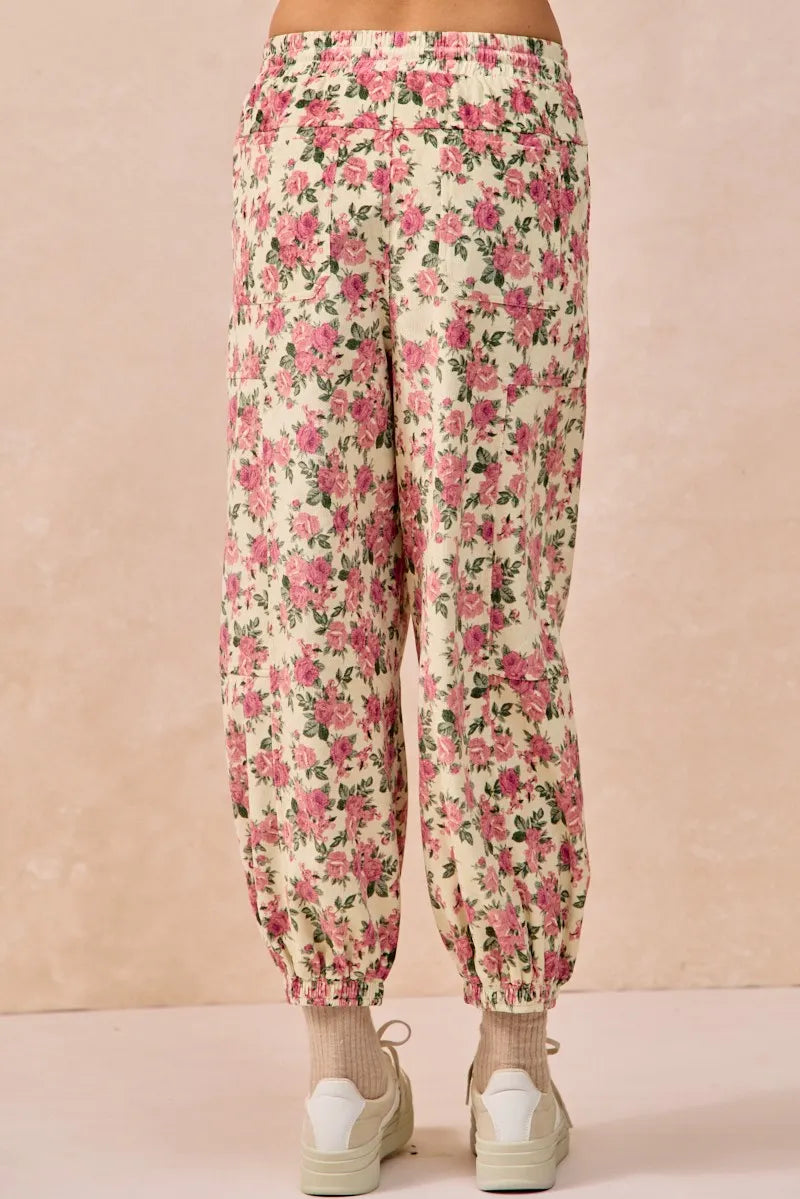 BiBi Cream & Pink Floral Printed Twill Drawstring Pants With Elastic Band