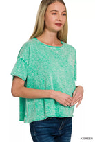 Zenana Kelly Green Halo Washed Cotton Short Sleeve Top