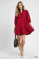 Umgee Wine French Terry Ruffle Hem Dress with Plaid Trim