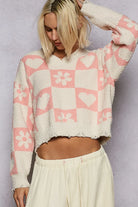 POL Cream & Pink V-Neck Heart Pattern Checkered Sweater