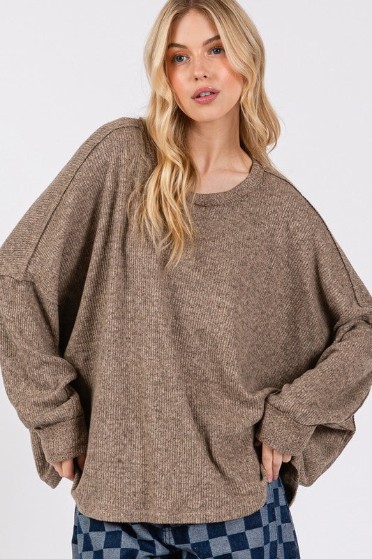 SAGE + FIG Round Neck Batwing Sleeve Oversize Top in Coffee Brown Shirts & Tops