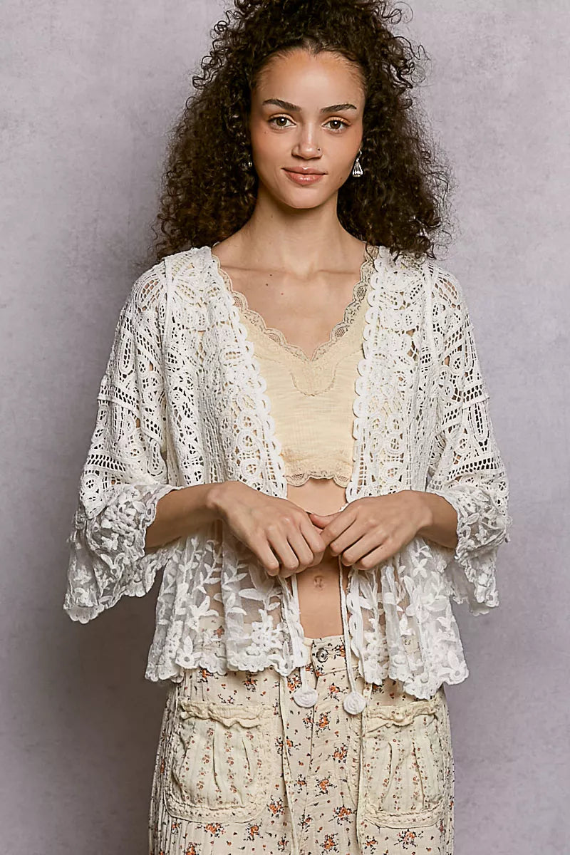 POL Floral Lace Short Sleeve Crochet Cardigan with Tassel Tie WHITE