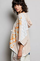 POL Wheat Beige Floral Star Patch Hooded Blouse with Lace Contrast Detail