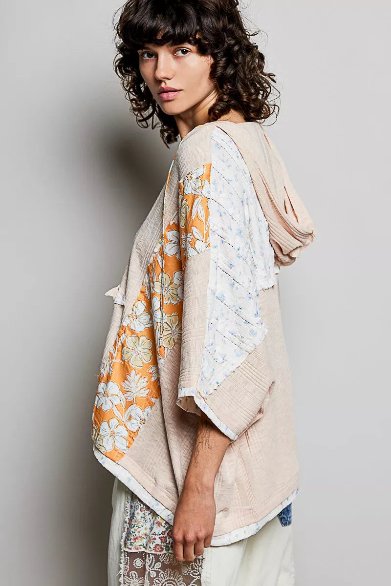 POL Wheat Beige Floral Star Patch Hooded Blouse with Lace Contrast Detail