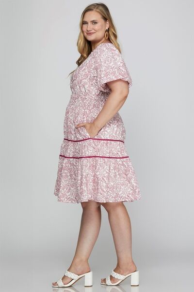 She + Sky Berry Printed V-Neck Puff Sleeve Tiered Dress
