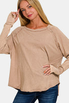 Zenana Acid Washed Scoop Neck Thumbhole Long Sleeve Top in Ash Mocha Ash Mocha Shirts & Tops