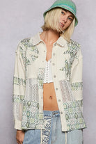 POL Long Sleeve Double Gauze Peace Woven Shirt Top Gum Leaf