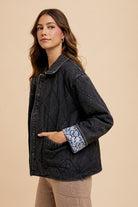 Annie Wear Black Quilted Printed Lining Snap Down Denim Jacket