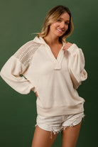 BiBi French Terry Lace Shoulder Top in Cream Cream Trendsi