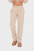 Mono B Tan Elastic Waist Fleece Pants with Pockets Tan Activewear