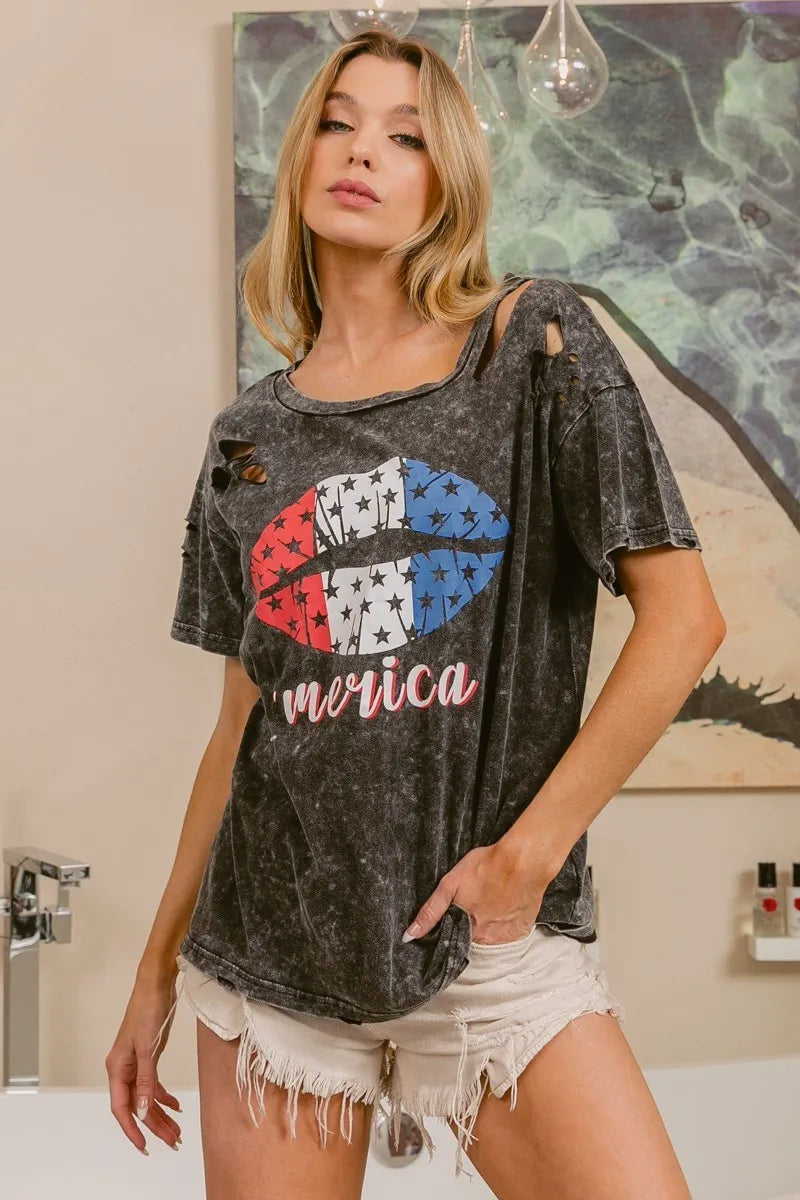 BiBi Laser Cut Mineral Washed Old Glory Lip Print Top in Black Charcoal