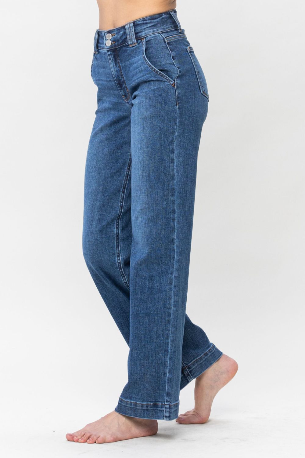 Judy Blue Double Button Wide Leg Medium Washed Jeans Trendsi