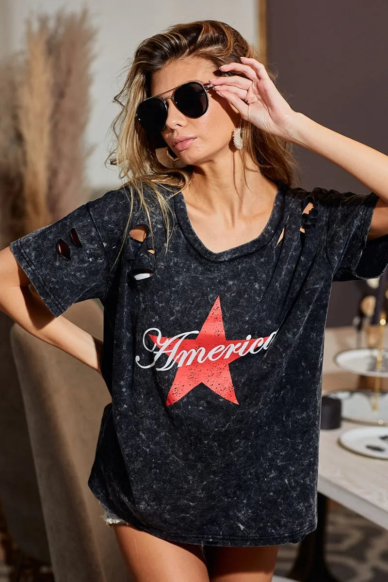 BiBi Laser Cut Mineral Washed Jersey Top with America in Black Charcoal