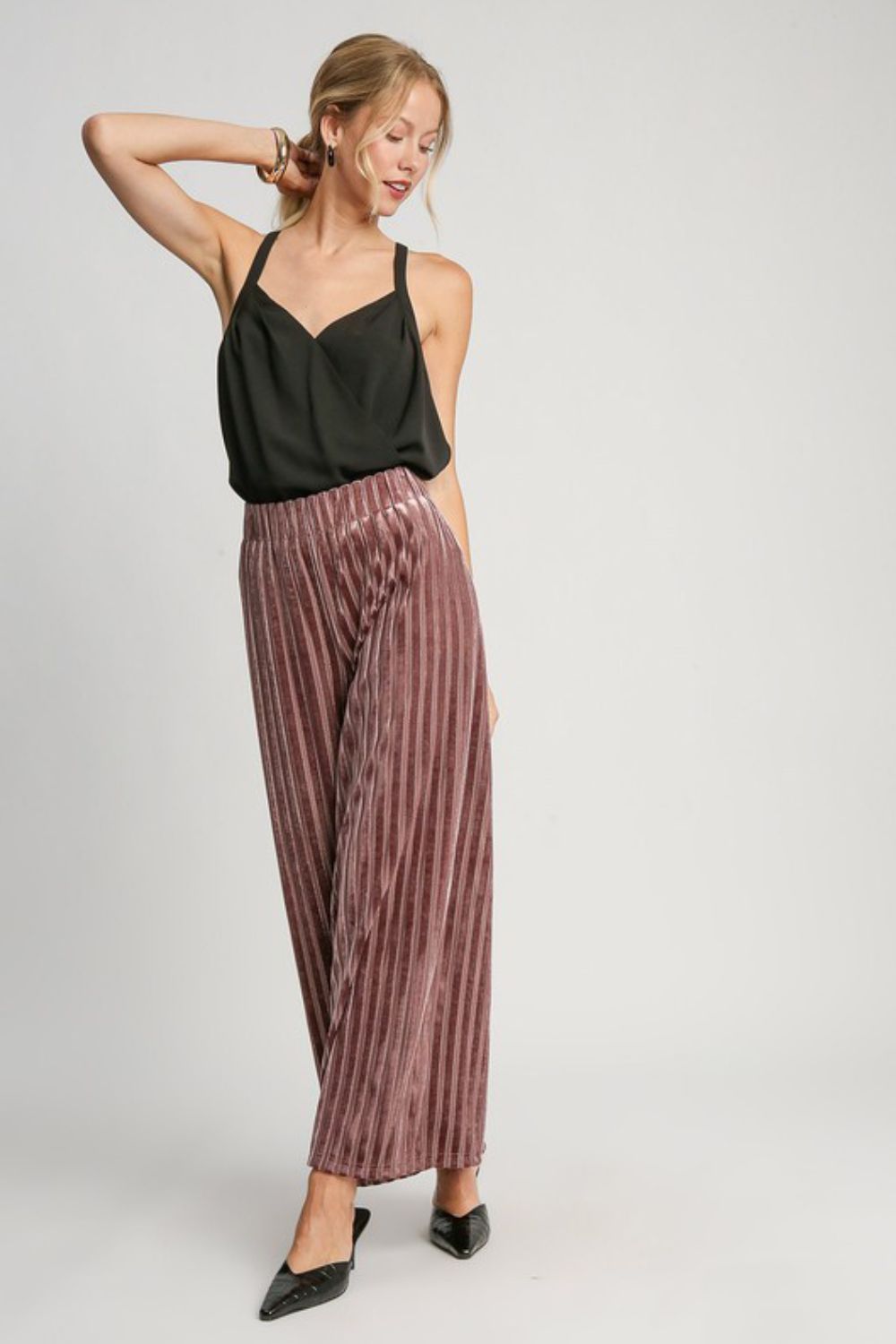 Umgee Elastic Waist Striped Wide Leg Velvet Pants Pants