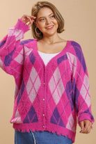 Umgee Hot Pink Argyle Pattern V-Neck Button Front Cardigan