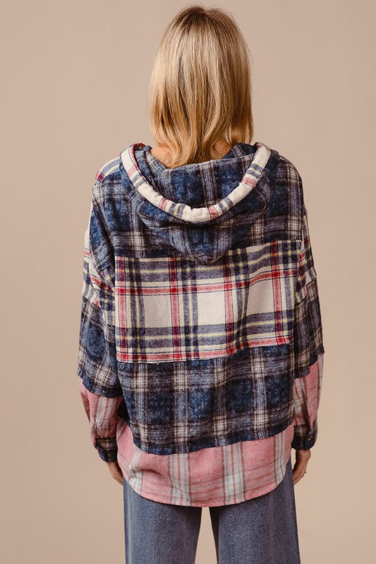 BiBi Drawstring Multi Color Plaid Drop Shoulder Hoodie