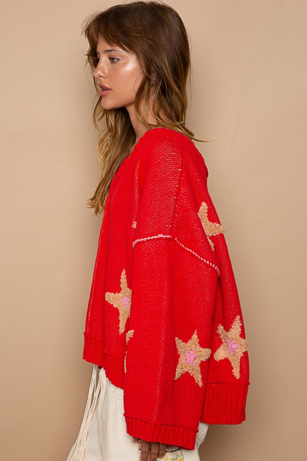 POL Apple Red Long Sleeve Star Patch Sweater Trendsi