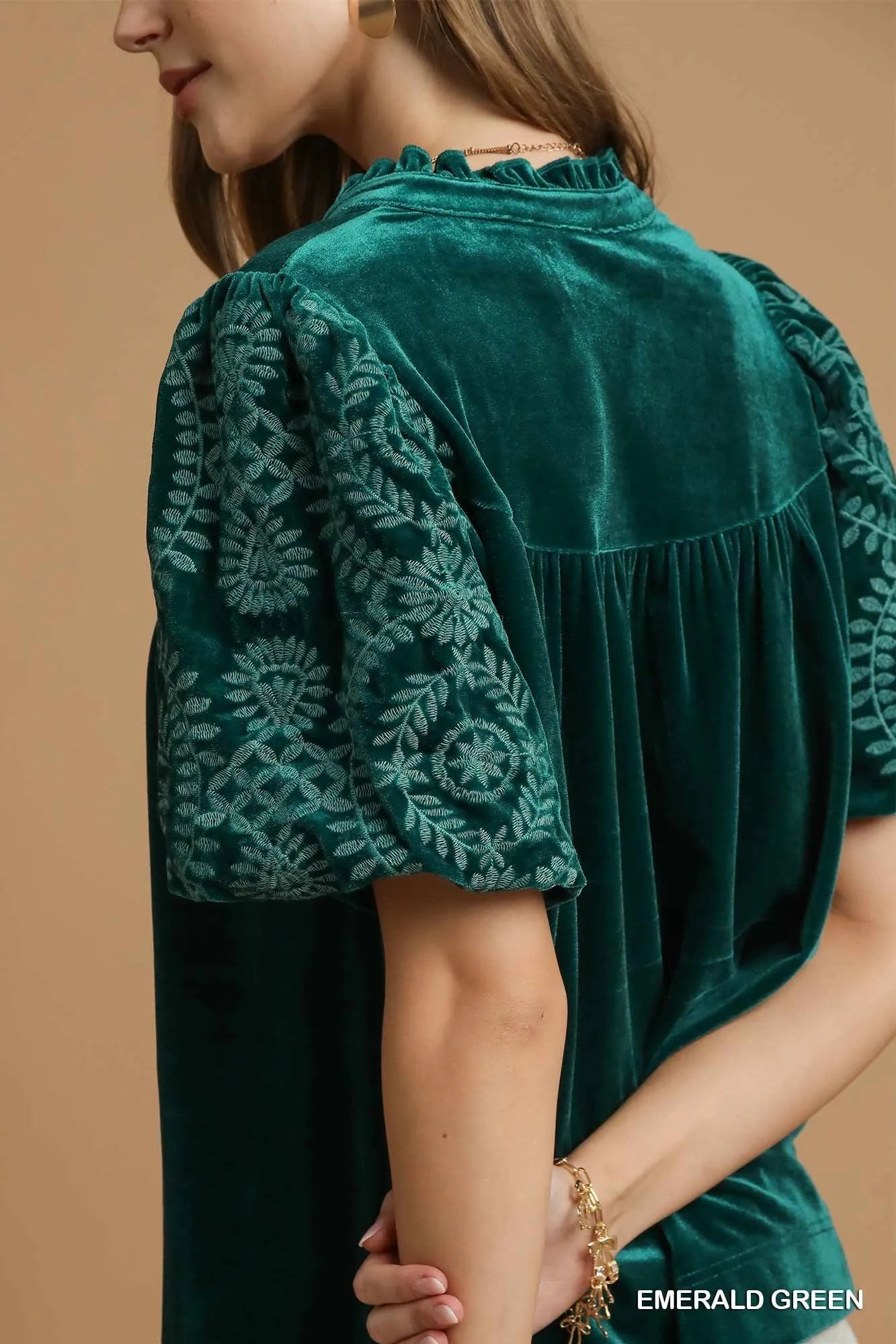 Umgee Emerald Green Velvet Embroidered Sleeve Blouse