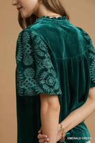 Umgee Emerald Green Velvet Embroidered Sleeve Blouse