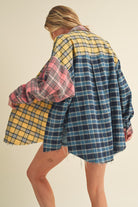 Aemi + Co Frayed Hem Color Block Plaid Drop Shoulder Long Sleeve