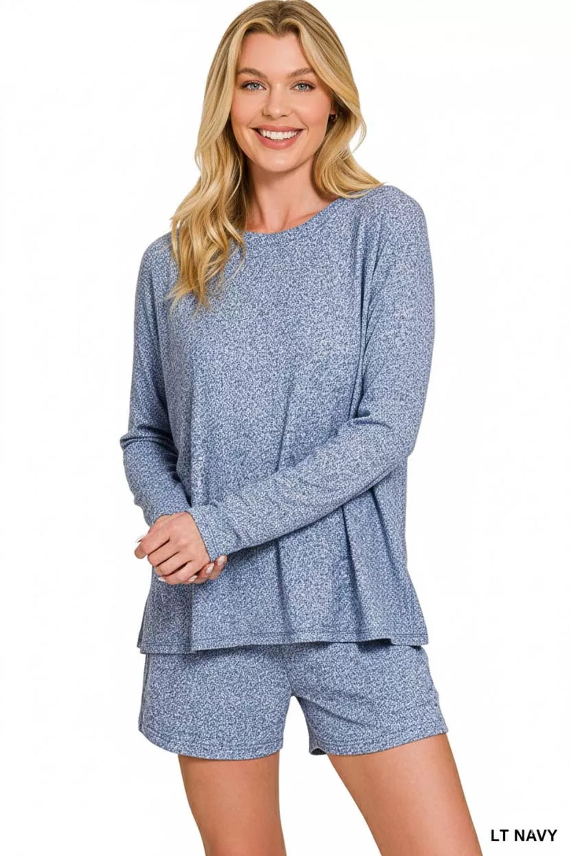 Zenana Light Navy Soft Melange Long Sleeve Tee and Shorts Set