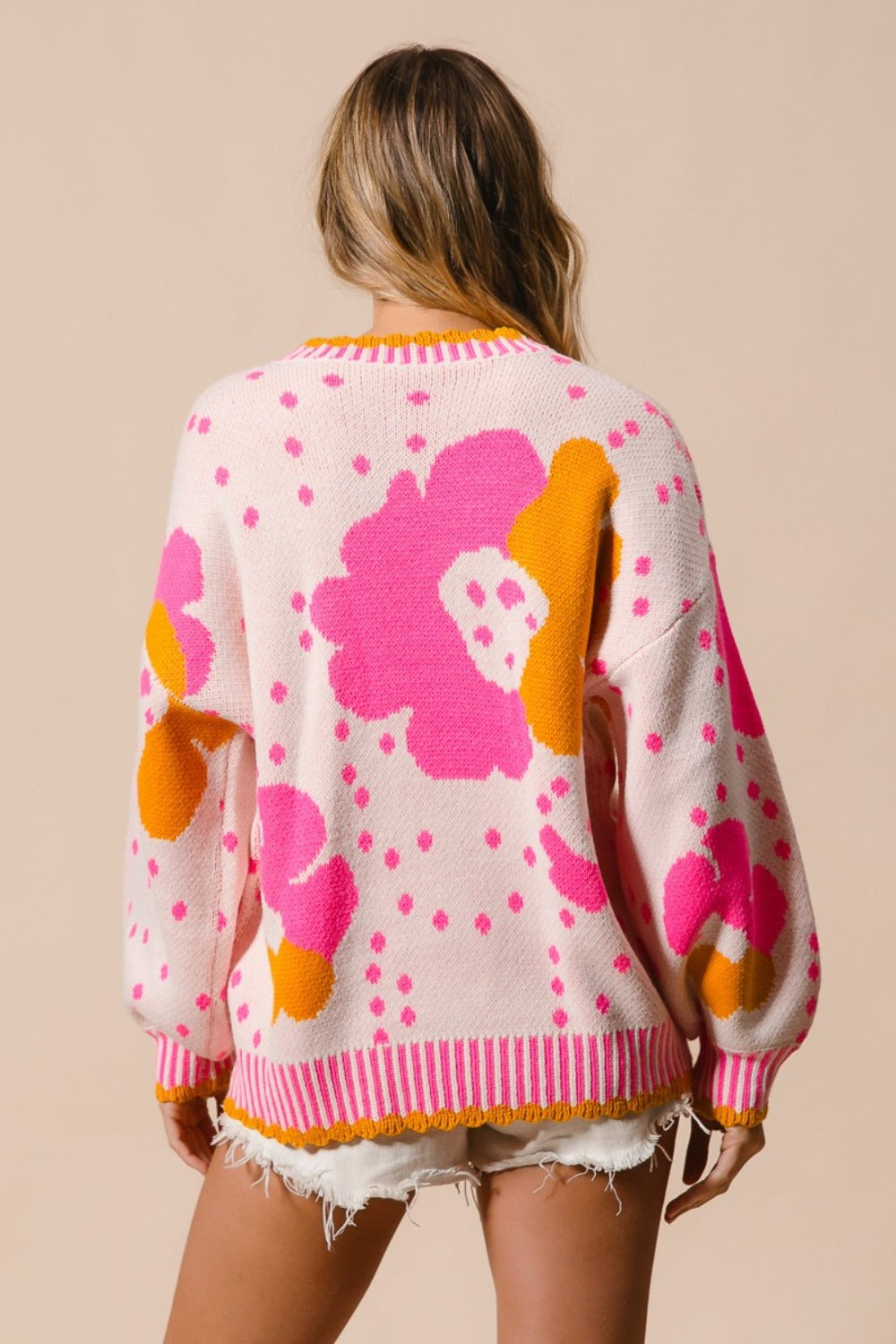 BiBi Pink Flower Pattern Contrast Sweater Trendsi