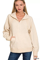 Zenana Heather Beige Half Zip Fleece Sweatshirt with kangaroo Pocket
