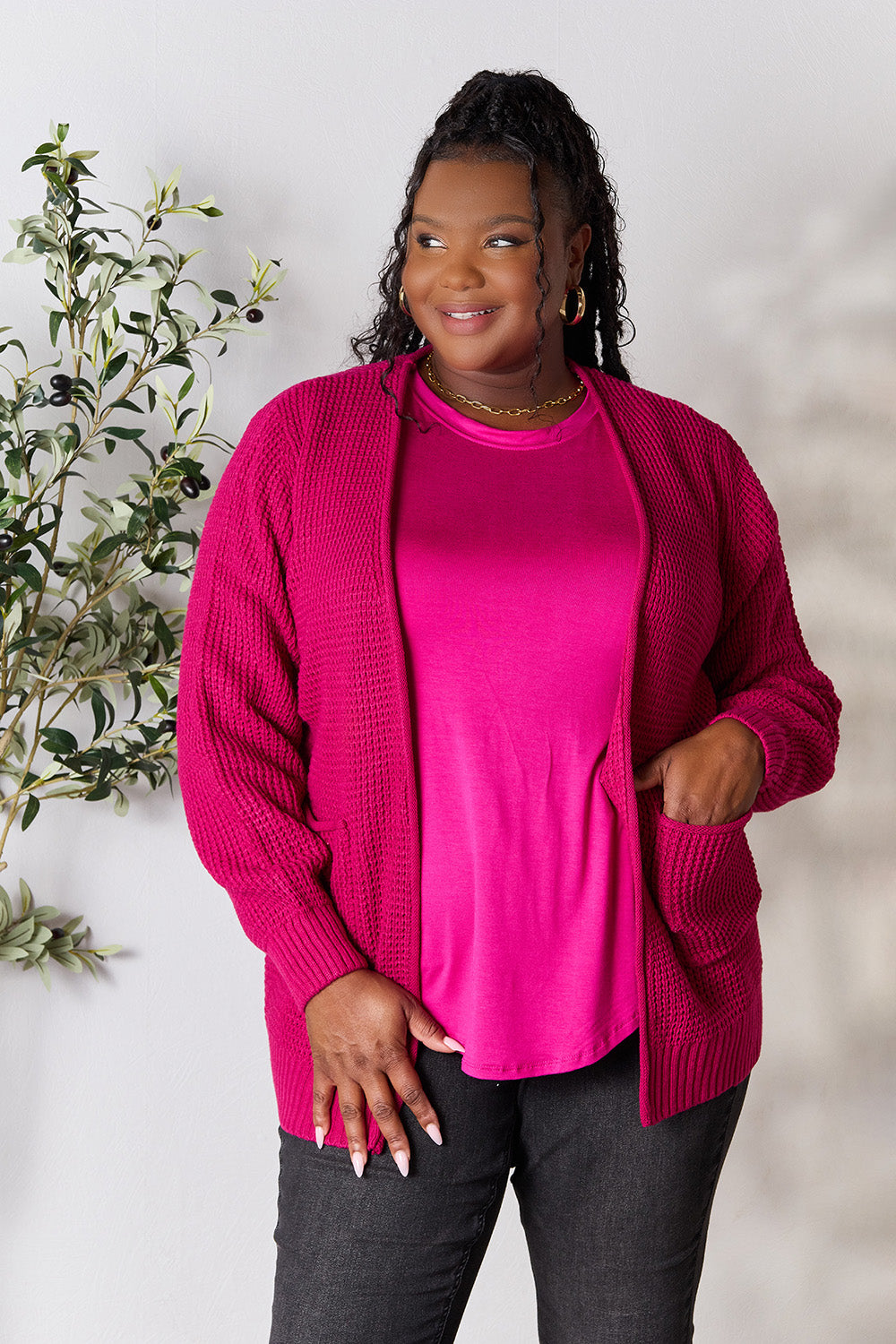 Zenana Magenta Waffle-Knit Open Front Cardigan Trendsi