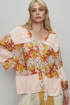 POL Frill Floral Johnny Collar Shirring Raglan Sleeve Blouse