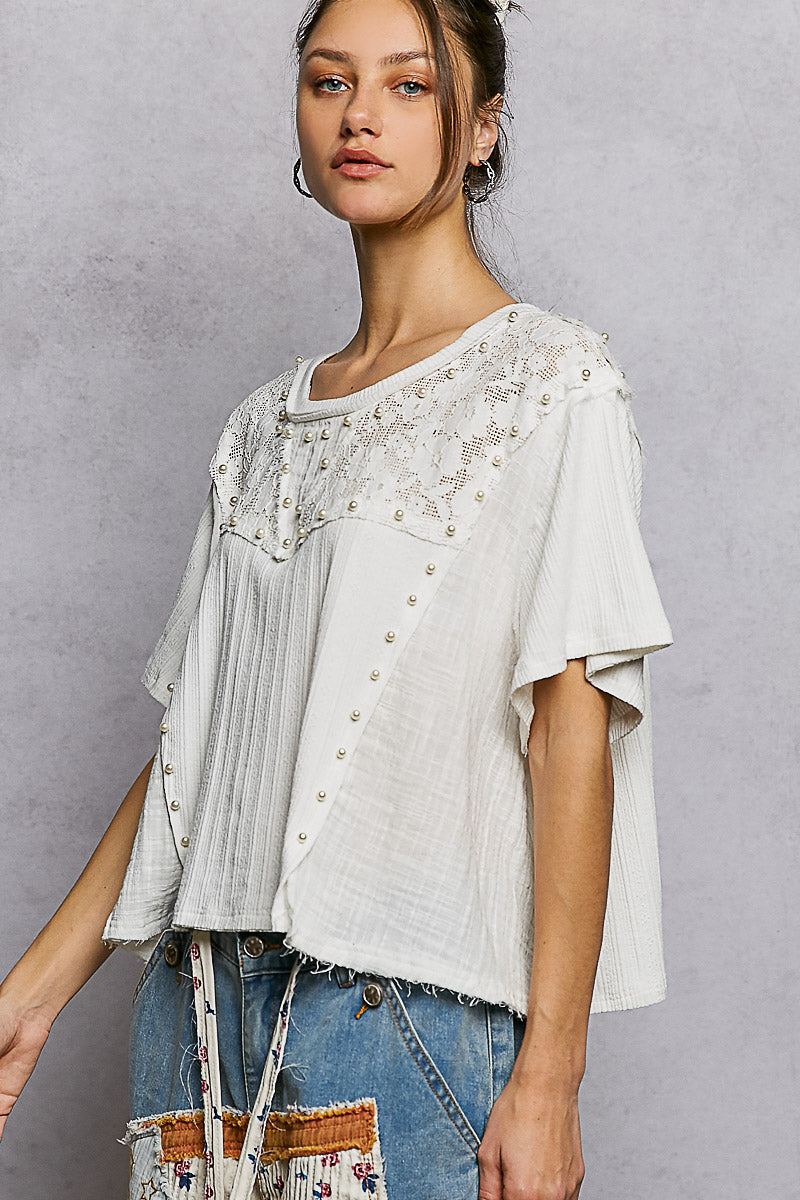 POL Ivory Lace Pearl Stud Round Neck Short Sleeve Shirt