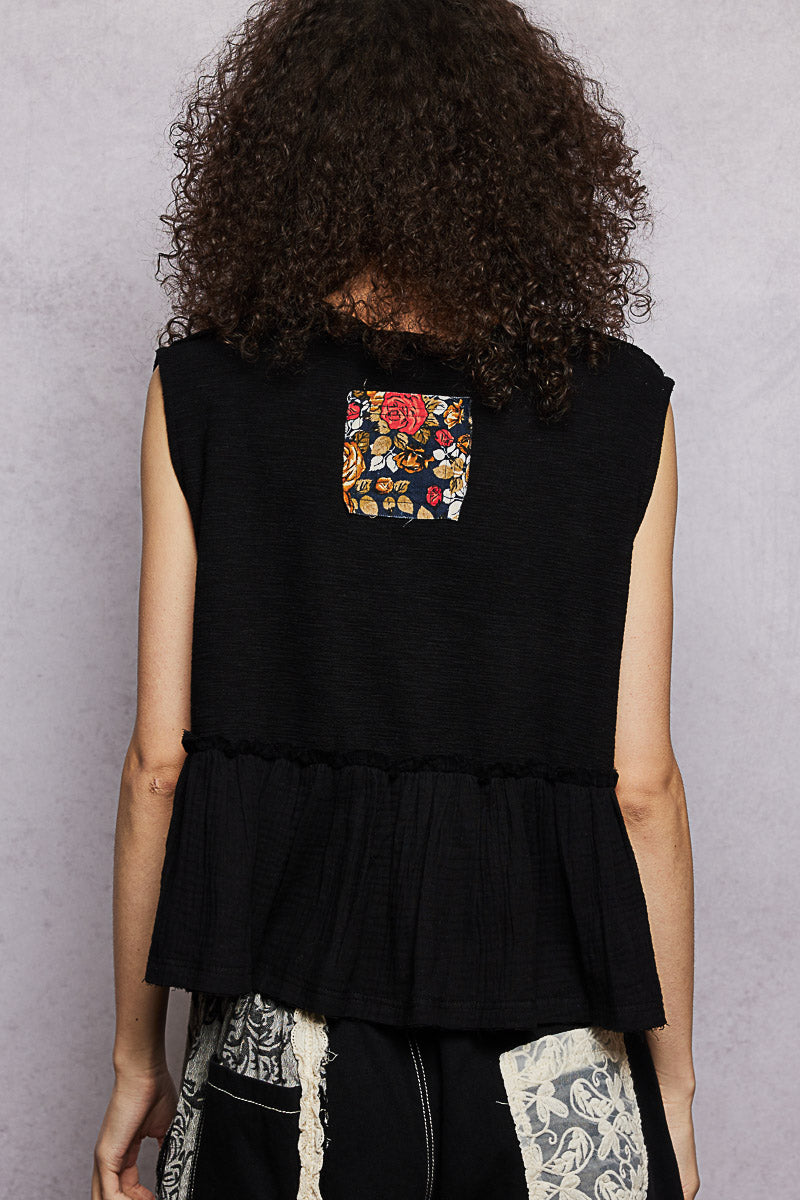 POL Black Floral Patch Ruffled Sleeveless Top with Raw Edge Detail