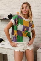 BiBi Sequin Embroidery Mardi Gras Checker Sweater Top