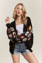 ADORA Black Contrast Crochet Open Front Long Sleeve Cardigan