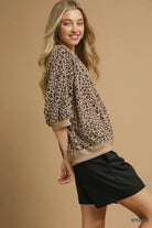Umgee Stone Leopard Knit Jacquard Puff Sleeve Sweatshirt