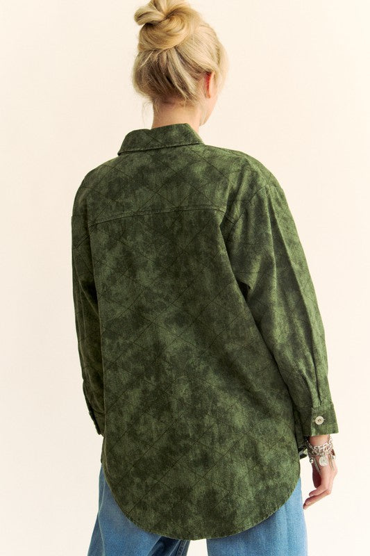 Davi & Dani Army Green Curved Hem Diamond Quilted Button Up Denim Shacket Trendsi