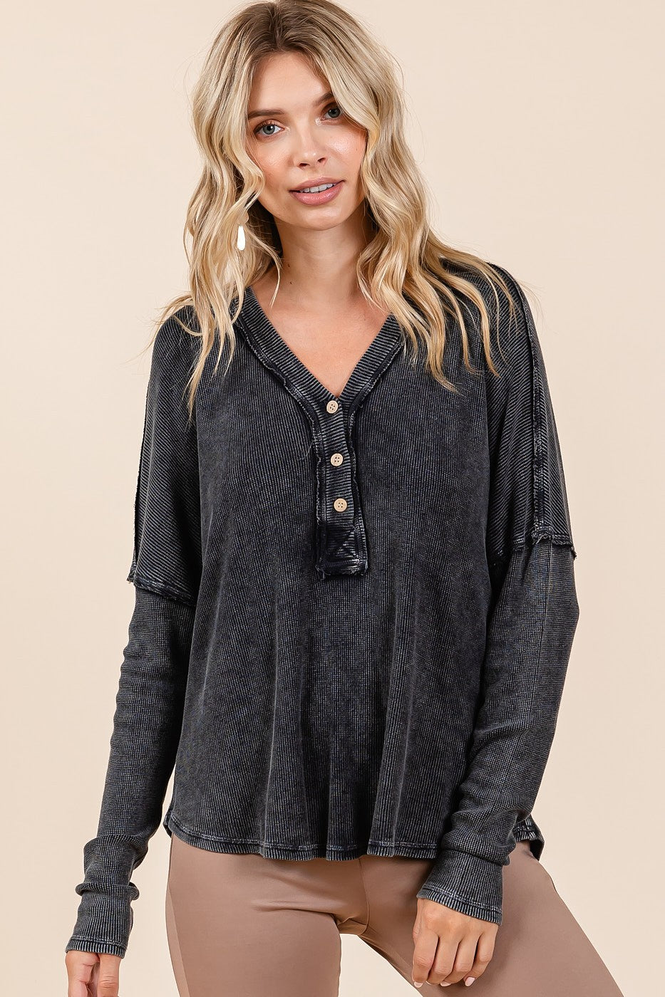 Mittoshop Charcoal Washed Textured V-Neck Long Sleeve Top Shirts & Tops