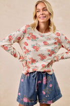 BiBi Oatmeal Floral Print Washed Waffle Thermal Top With Thumb