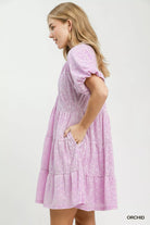 Umgee Orchid Jacquard Puff Sleeve Mini Dress