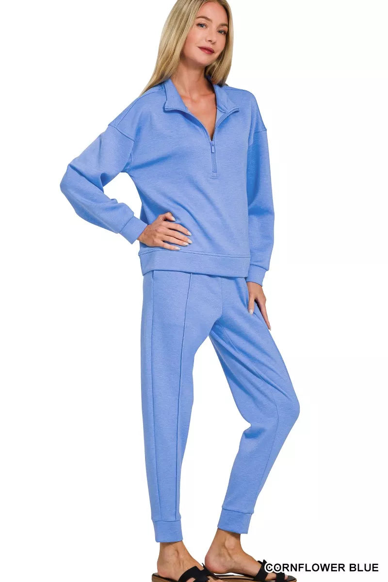 Zenana Cornflower Blue Scuba Half Zip Pullover and Jogger Set