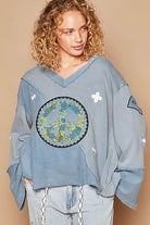 POL Light Blue Peace Embroidered Exposed Seam Back Ruffle V-Neck Top Light Blue Shirts & Tops