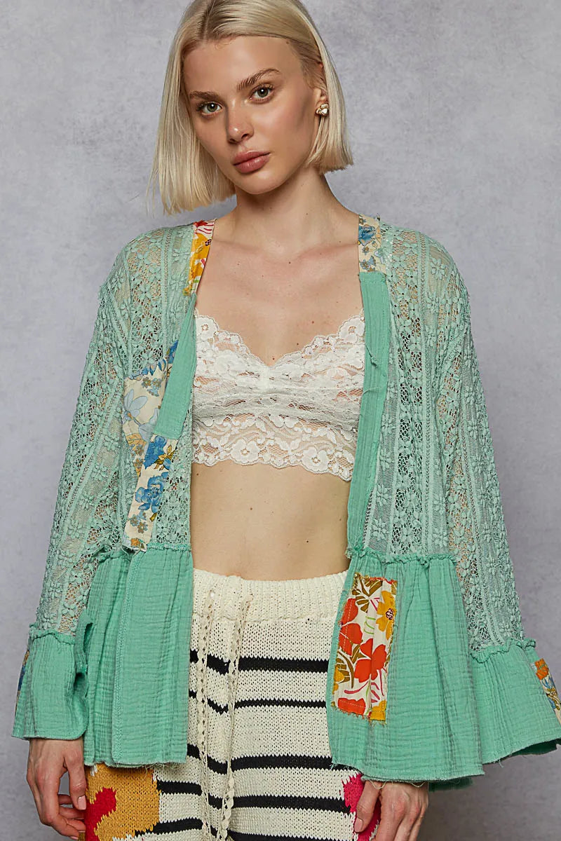 POL Mint Green Flare Sleeve with Lace & Ruffled Hem Open Front Cardigan