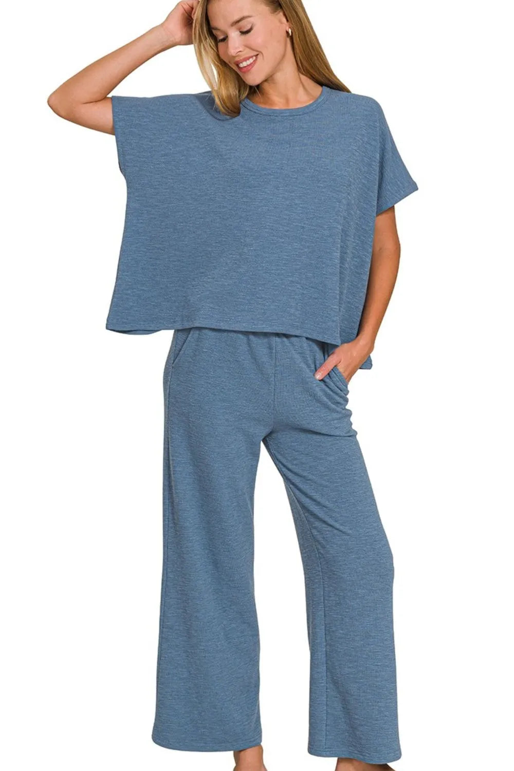 Zenana Dusty Blue Cotton Slub Top & Pants Set DUSTY BLUE
