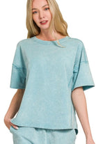 Zenana Dusty Teal Acid Washed Short Sleeve Tee & Shorts Set