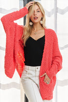 ADORA Coral Popcorn Knit Open Front Long Sleeve Cardigan Coral One Size