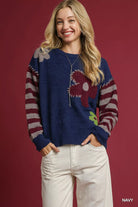 Umgee Navy Flower Jacquard Striped Long Sleeve Sweater Navy