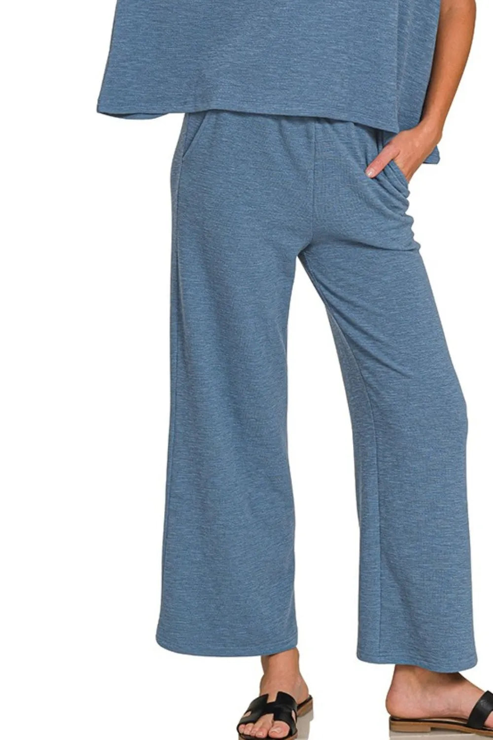 Zenana Dusty Blue Cotton Slub Top & Pants Set